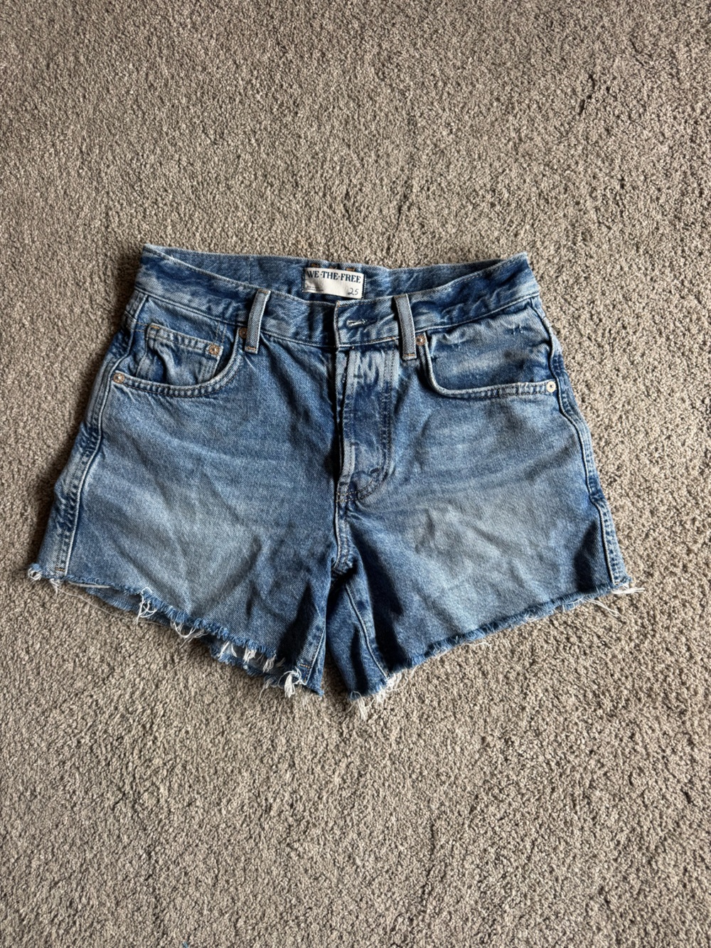 Free People Washed Blue High-Rise Frayed Hem Denim Shorts